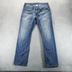 True Religion Jeans Mens 34x32 Blue Straight Medium Wash Distressed Faded